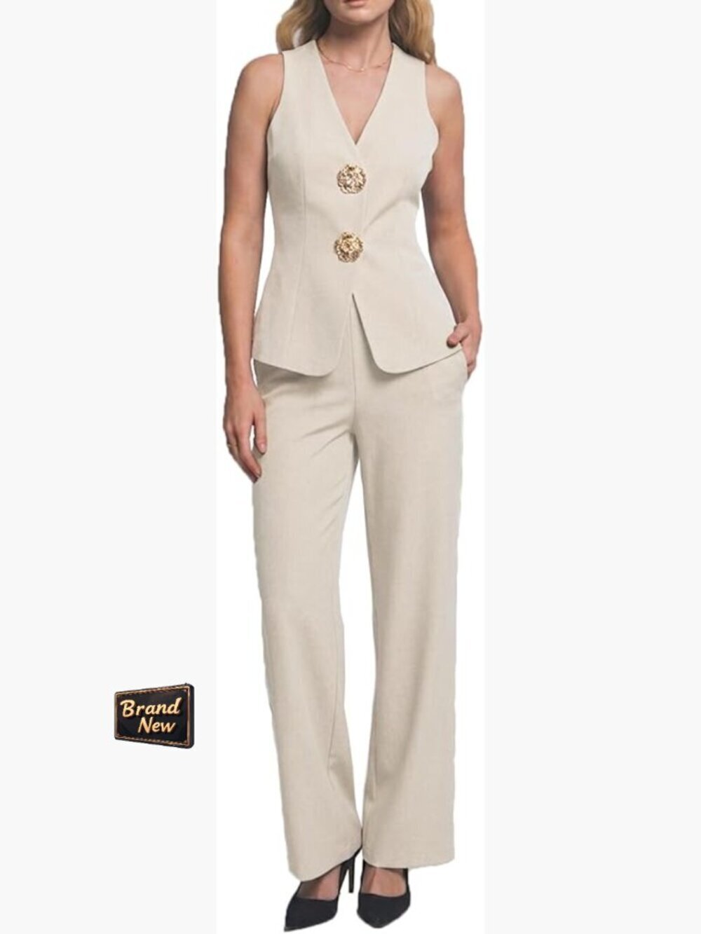 Sleeveless Vest Wide Leg Pantsuit 2 Piece Business Casual Work Office Set